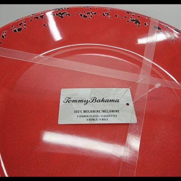Tommy Bahama Melamine Christmas Red Crackle Plates Bowls 8pc - Picture 5 of 7